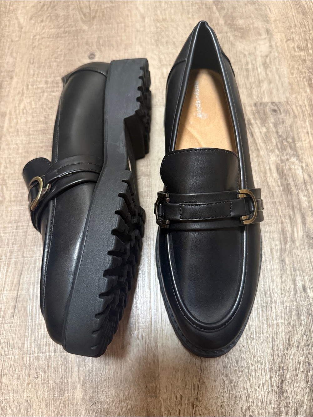 Easy Spirit Women's Black Slip-On Lug Sole Loafers with Buckle